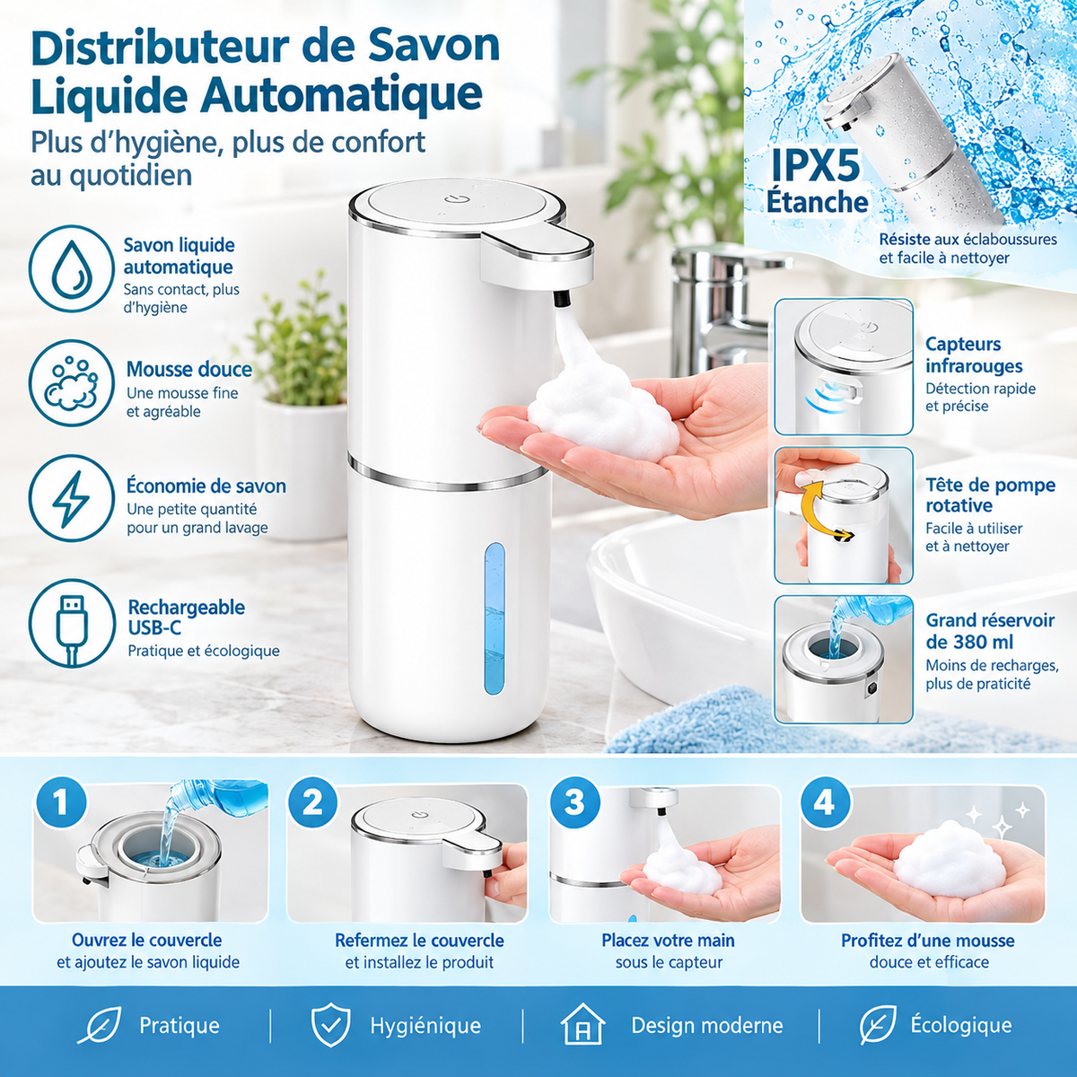 Distributeur Savon Automatique 380 ml – Sans Contact, Capteur Infrarouge, Recharge USB-C, 4 Dosages
