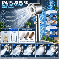 Pommeau de Douche avec Filtre et Plusieurs Modes de Jet – Bouton STOP, Raccord G1/2