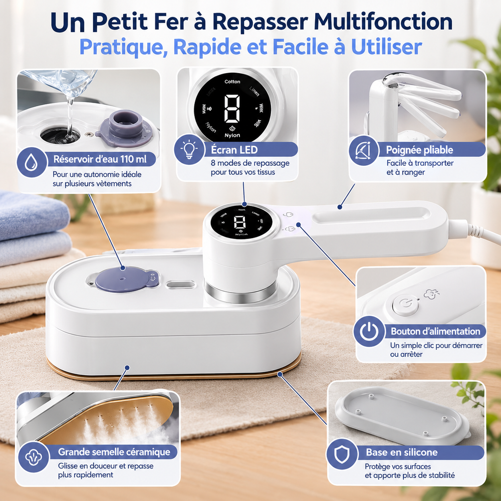 Fer à vapeur 4-en-1 1200 W, 8 modes, 110 ml, poignée 180°