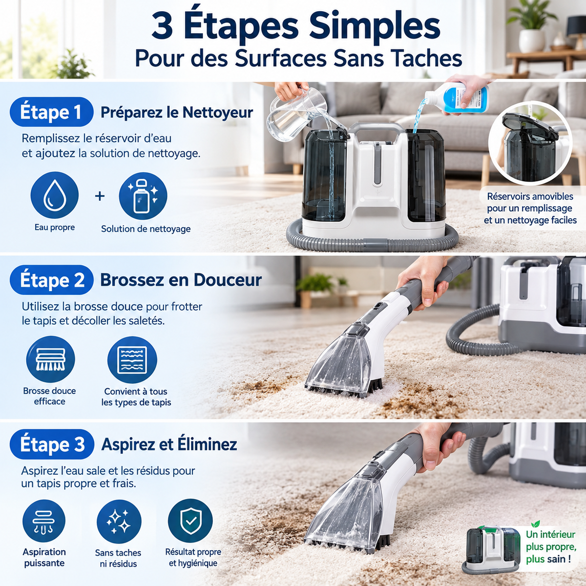 Nettoyeur de Tapis et Canapés 450W – Injecteur Extracteur 12 kPa, Double Réservoir et 6 Accessoires