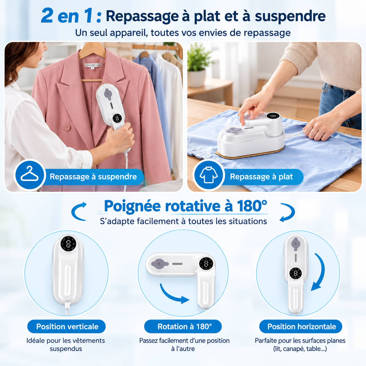 Fer à vapeur 4-en-1 1200 W, 8 modes, 110 ml, poignée 180°