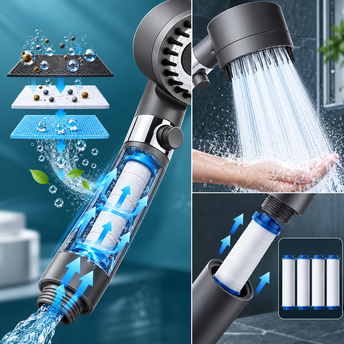 Pommeau de Douche Haute Pression 3 Modes avec Bouton Stop – Douchette à Main avec Filtre et Picots Silicone