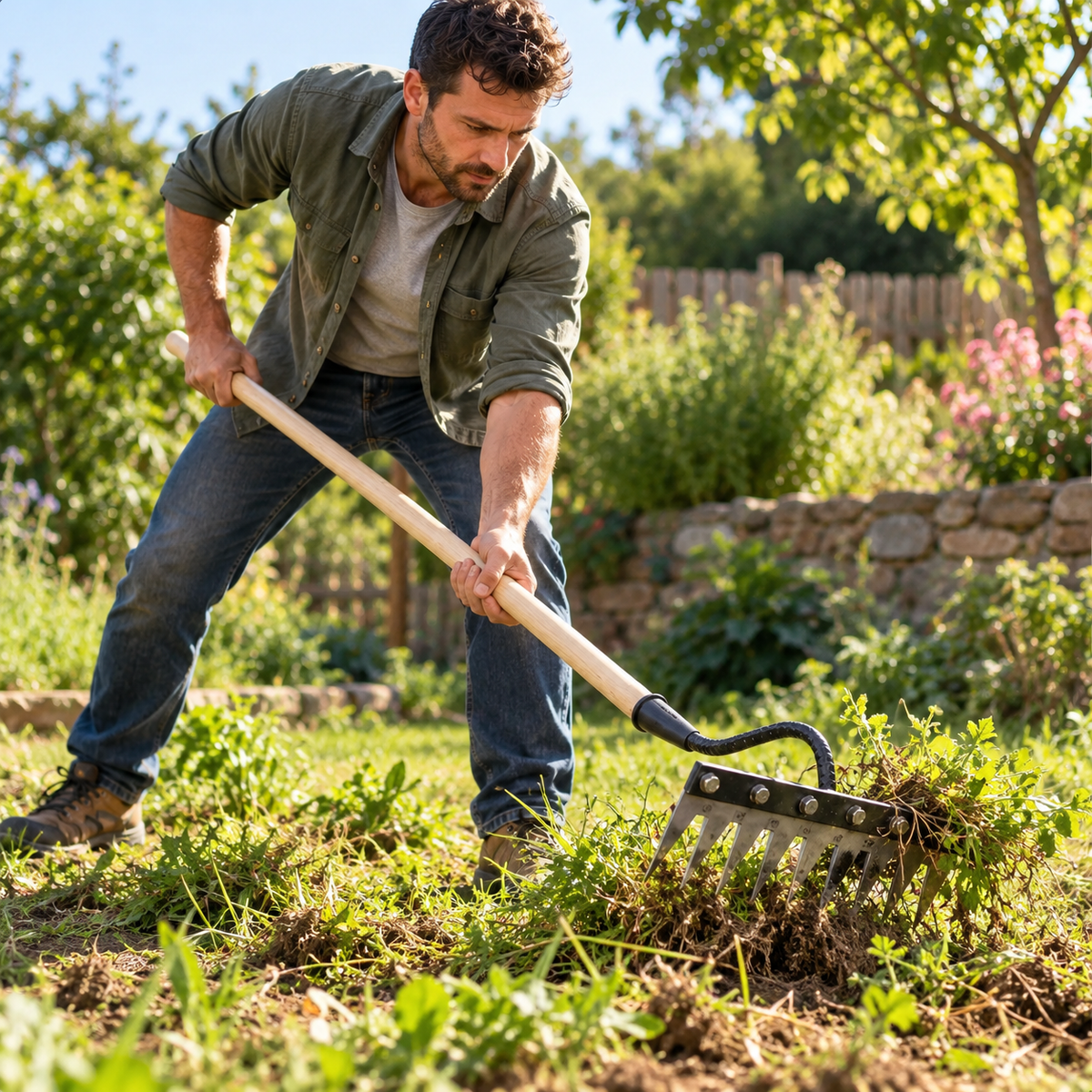 Râteau de Désherbage en Acier avec Long Manche – Outil Manuel pour Mauvaises Herbes, Jardin et Potager