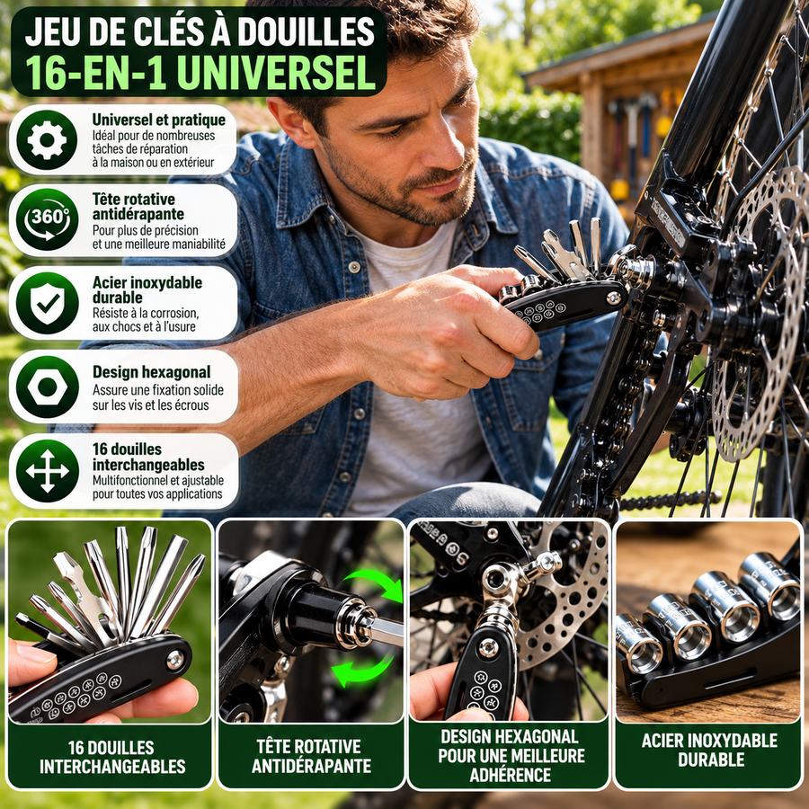 Multi-Outil 16-en-1 avec Clés Allen, Douilles et Tournevis – Kit de Réparation Compact Vélo & Bricolage