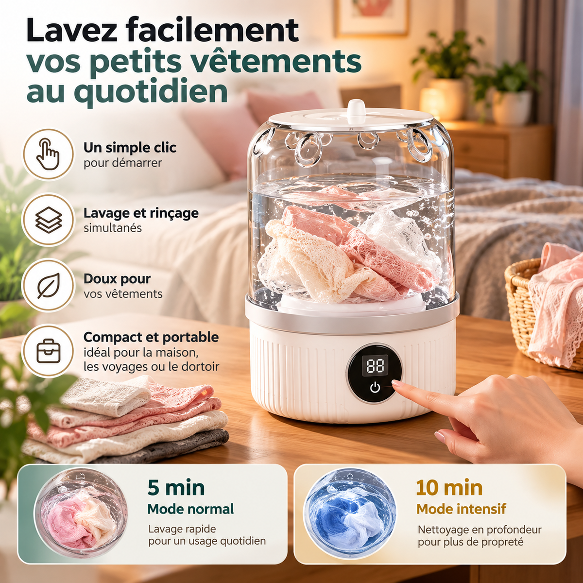 Mini Lave-Linge Portable Rechargeable – Sous-Vêtements, Chaussettes & Petits Vêtements