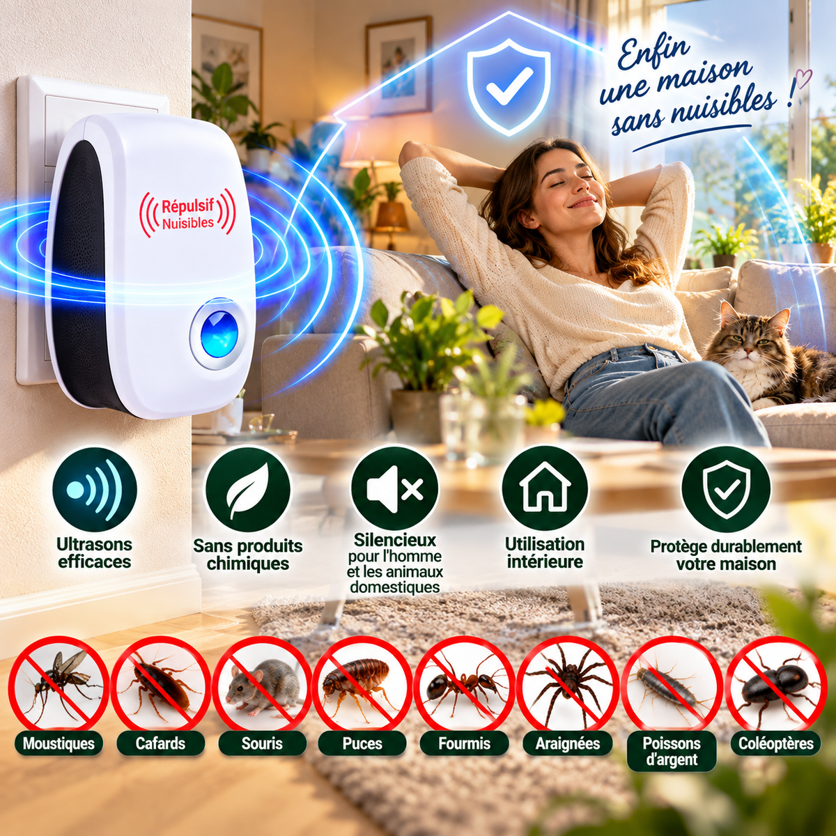 Répulsif à Ultrasons Anti-Nuisibles pour Maison – Souris, Cafards, Moustiques et Insectes – Usage Intérieur 100–240 V
