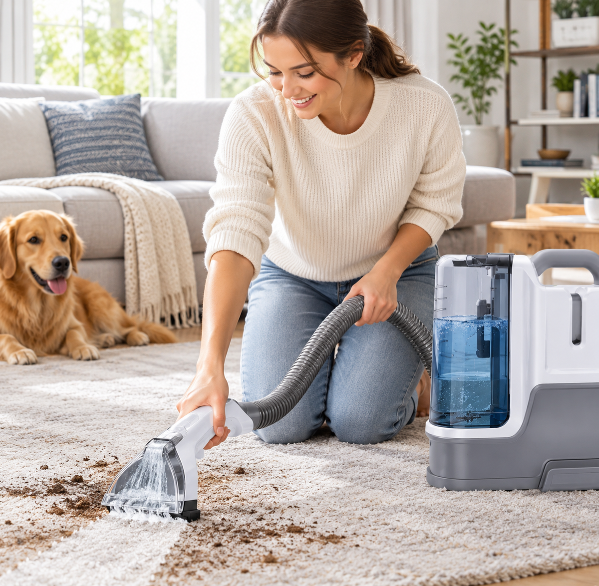 Nettoyeur de Tapis et Canapés 450W – Injecteur Extracteur 12 kPa, Double Réservoir et 6 Accessoires