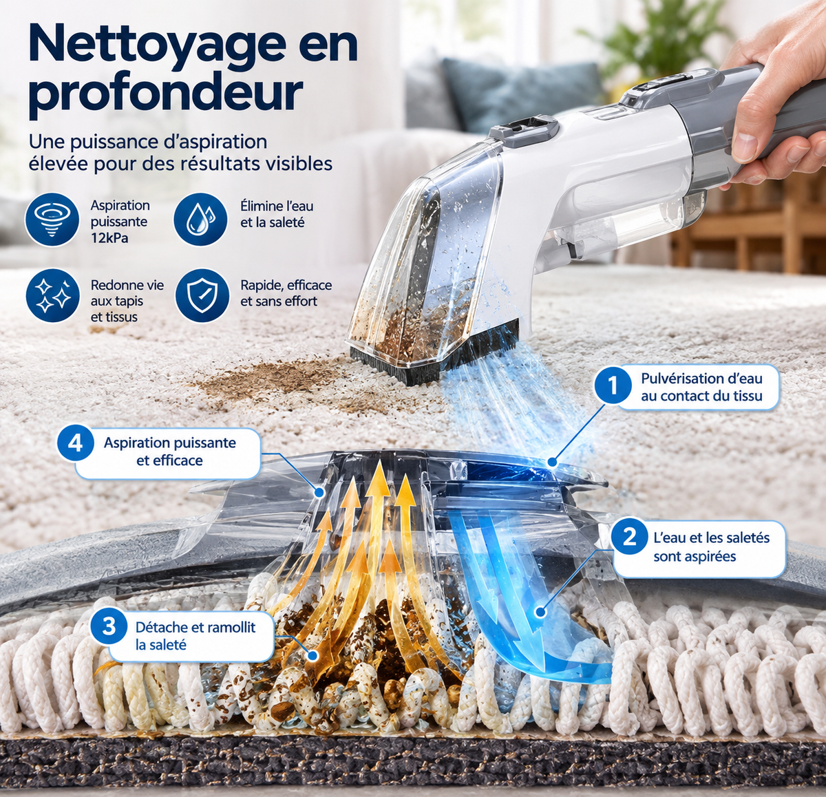 Nettoyeur de Tapis et Canapés 450W – Injecteur Extracteur 12 kPa, Double Réservoir et 6 Accessoires