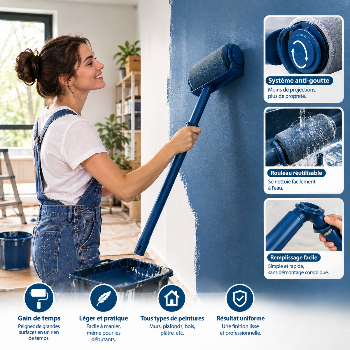 Rouleau à peinture mural auto-alimenté avec réservoir intégré