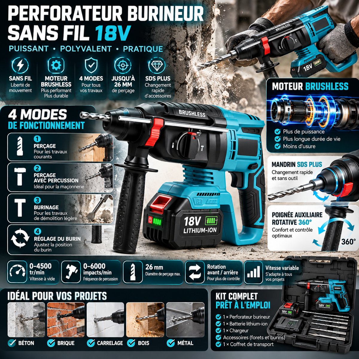 Perforateur Burineur Sans Fil 18V Brushless SDS Plus – 4 Modes, 4500 tr/min, Perçage jusqu’à 26 mm