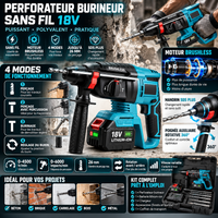 Perforateur Burineur Sans Fil 18V Brushless SDS Plus – 4 Modes, 4500 tr/min, Perçage jusqu’à 26 mm