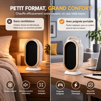 Mini Chauffage Électrique PTC 400W Portable, 2 Niveaux de Chaleur, Arrêt Automatique, Protection Surchauffe