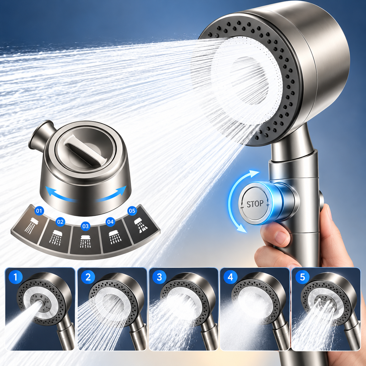 Pommeau de Douche avec Filtre et Plusieurs Modes de Jet – Bouton STOP, Raccord G1/2