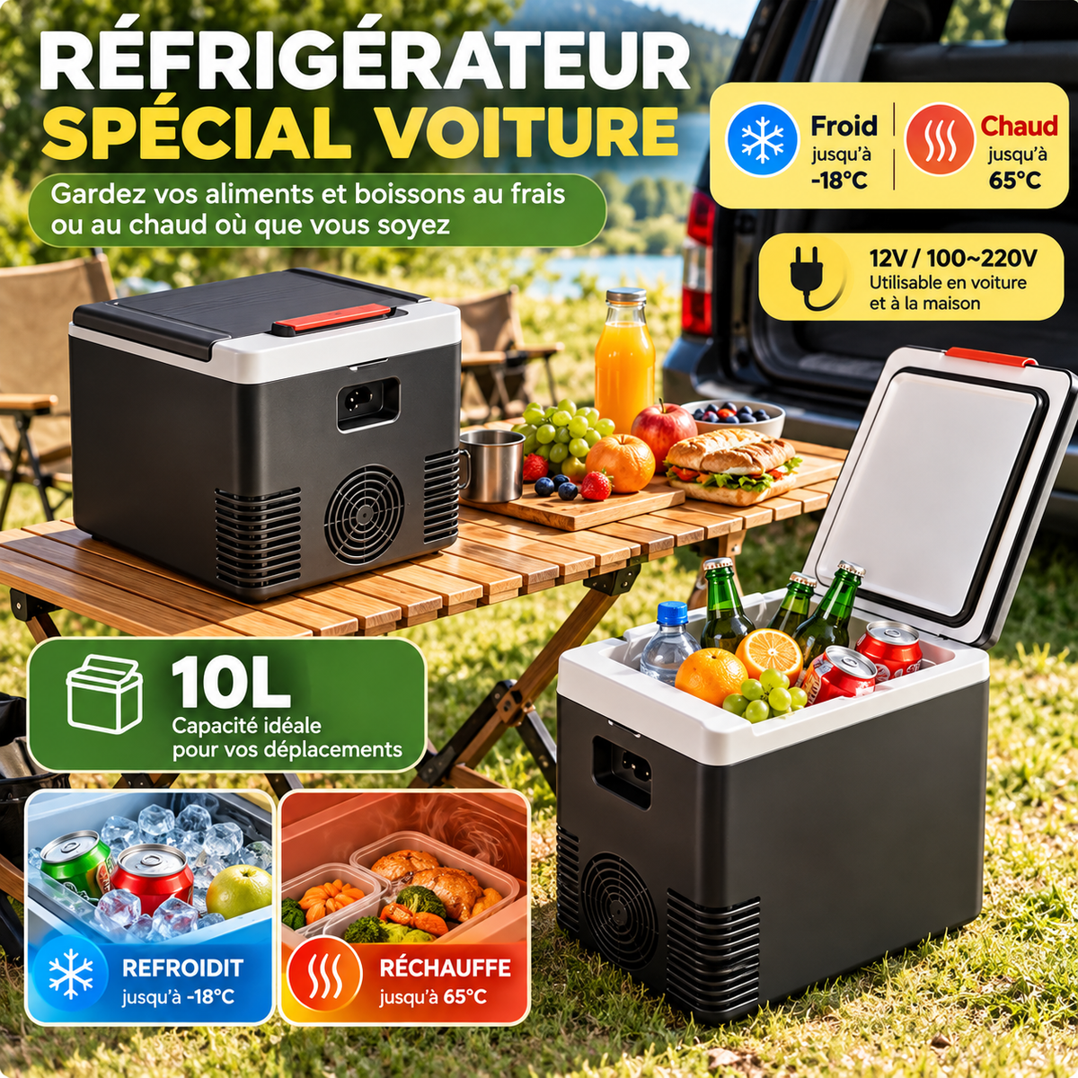 Glacière Électrique Portable 10 L – Chaud/Froid pour Voiture, Camping & Maison