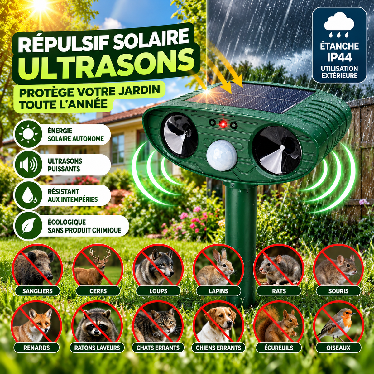 Répulsif Solaire à Ultrasons pour Jardin – Détecteur de Mouvement 110° avec Flash LED