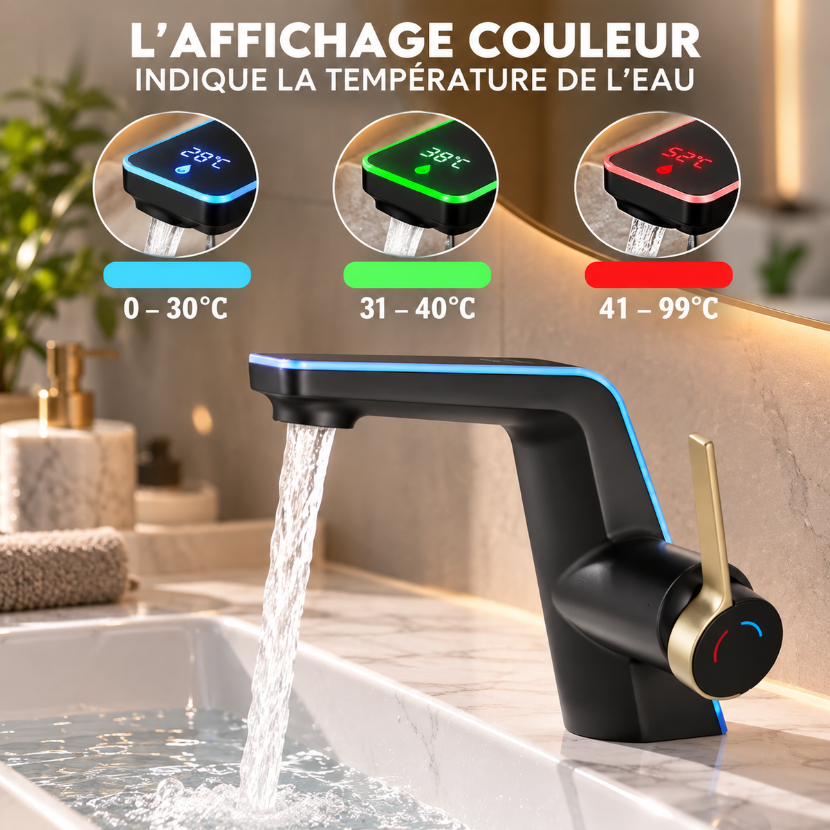Robinet de Lavabo avec Affichage LED de Température – Mitigeur Chaud/Froid Monocommande en Laiton, Sans Pile