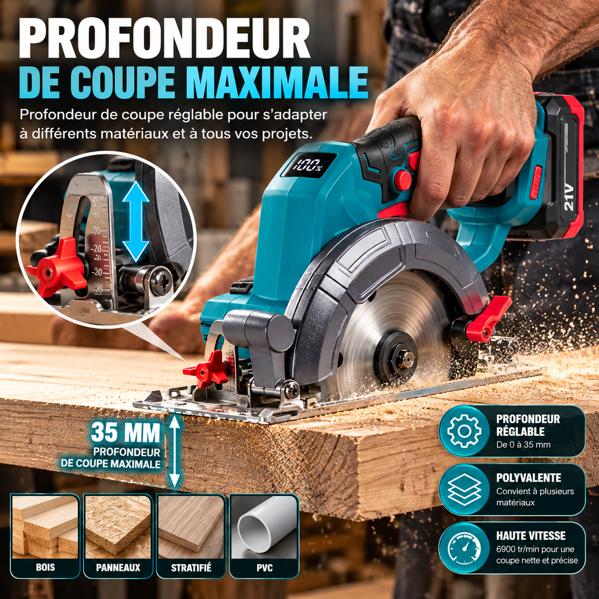 Scie Circulaire Sans Fil 18V Brushless – Lame 6", 6700 tr/min, Coupe 51 mm, Angle Réglable 0–45°