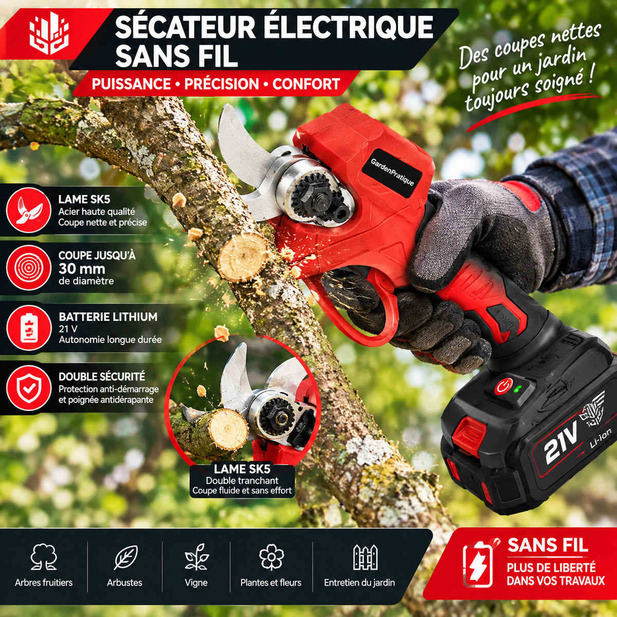Sécateur électrique sans fil 30 mm, lame SK5, moteur sans balais, batterie 21 V