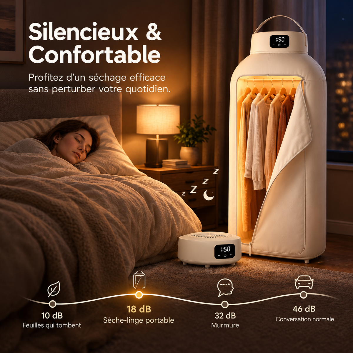 Sèche-linge Portable – Séchage Rapide, Grande Capacité 20 Vêtements, Minuterie Programmable et Fonctionnement Silencieux