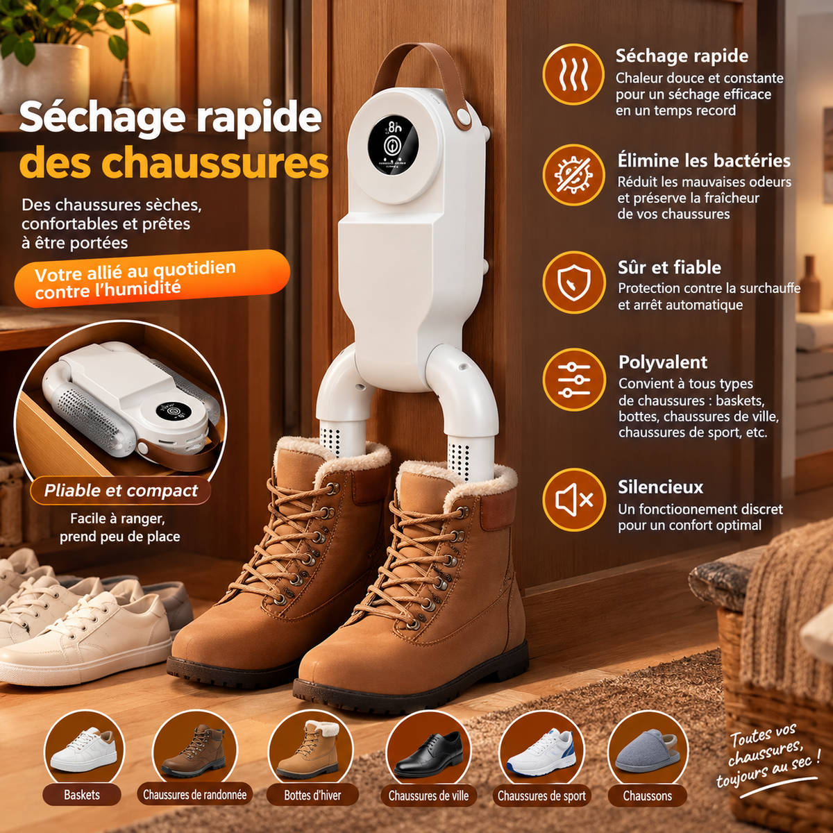Sèche-Chaussures Électrique Pliable 130W avec Écran Tactile, Air Chaud 360°, Minuterie 180 min et Chauffage PTC