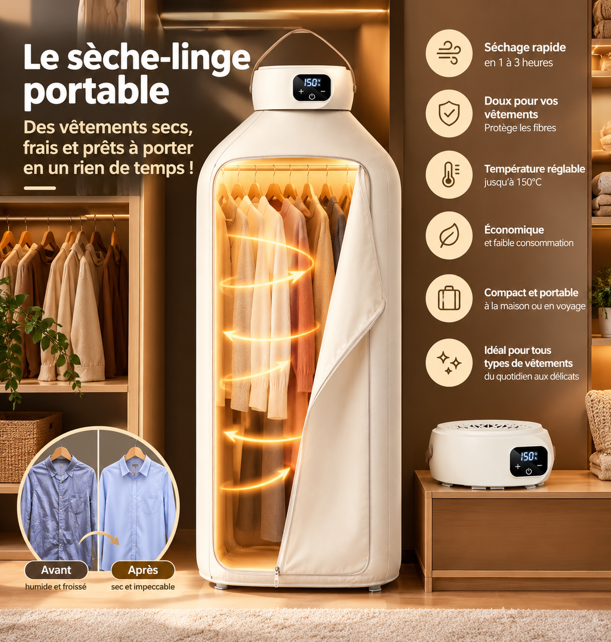Sèche-linge Portable – Séchage Rapide, Grande Capacité 20 Vêtements, Minuterie Programmable et Fonctionnement Silencieux