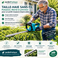 Taille-haie sans fil 21 V, lame double action 51 cm, 7200 cpm, coupe précise et entretien facile des haies