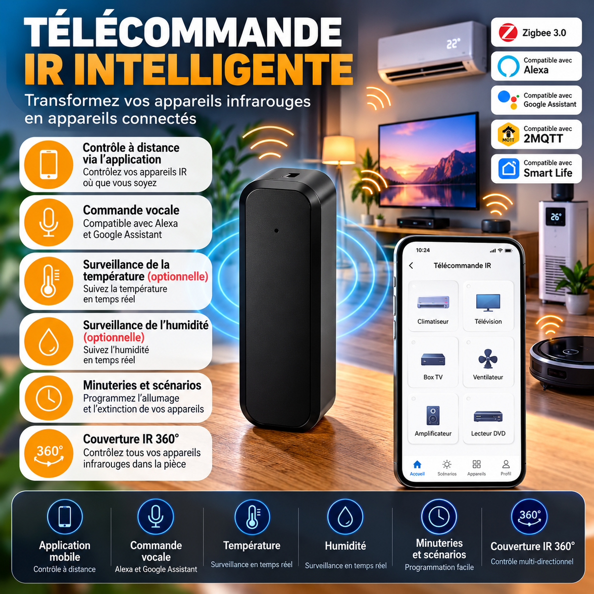 Télécommande IR Intelligente 3.0 – Contrôleur 360° pour TV, Climatisation et Appareils Infrarouges