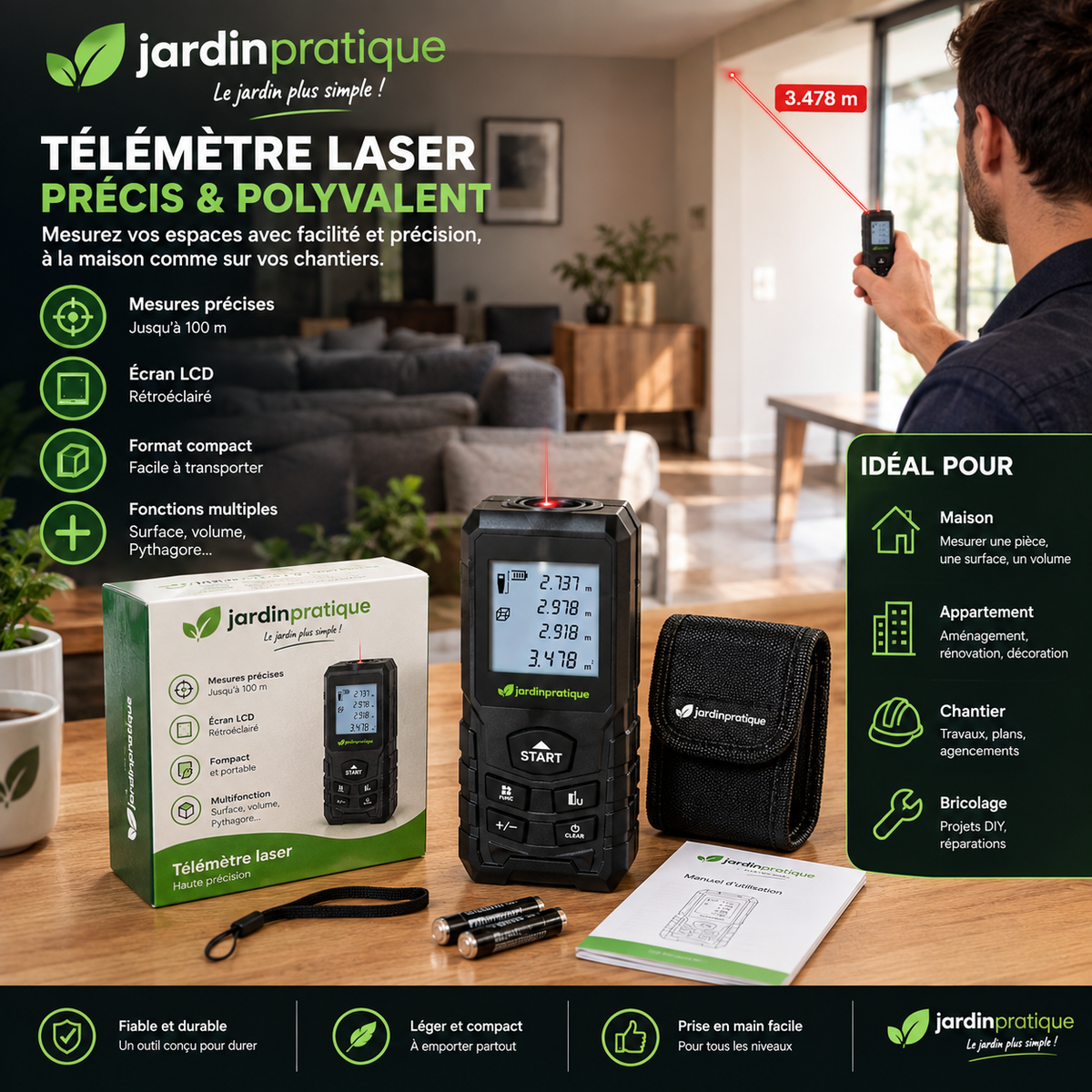 Télémètre Laser 100 m ±2 mm – Mesure Distance, Surface & Volume | Écran LCD