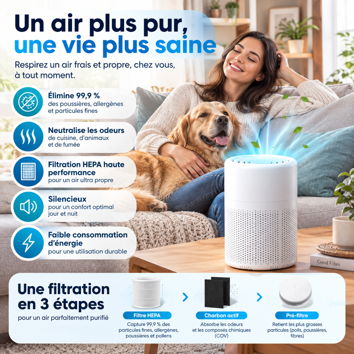 Mini Purificateur d’Air avec Filtre HEPA H13, Charbon Actif, Désodorisation, USB-C 5 V
