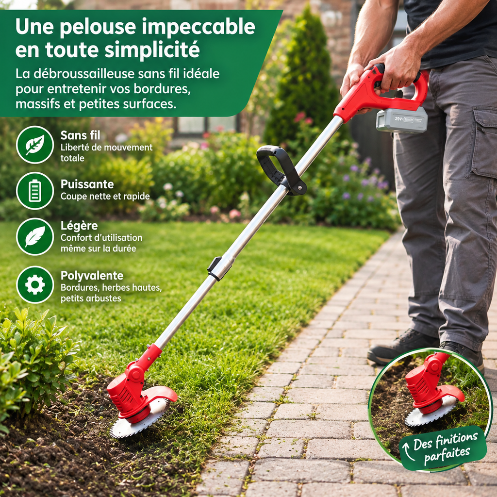 Débroussailleuse Sans Fil 850W – 21V, 2 Batteries, 3 Lames, Télescopique, Coupe-Herbe Jardin